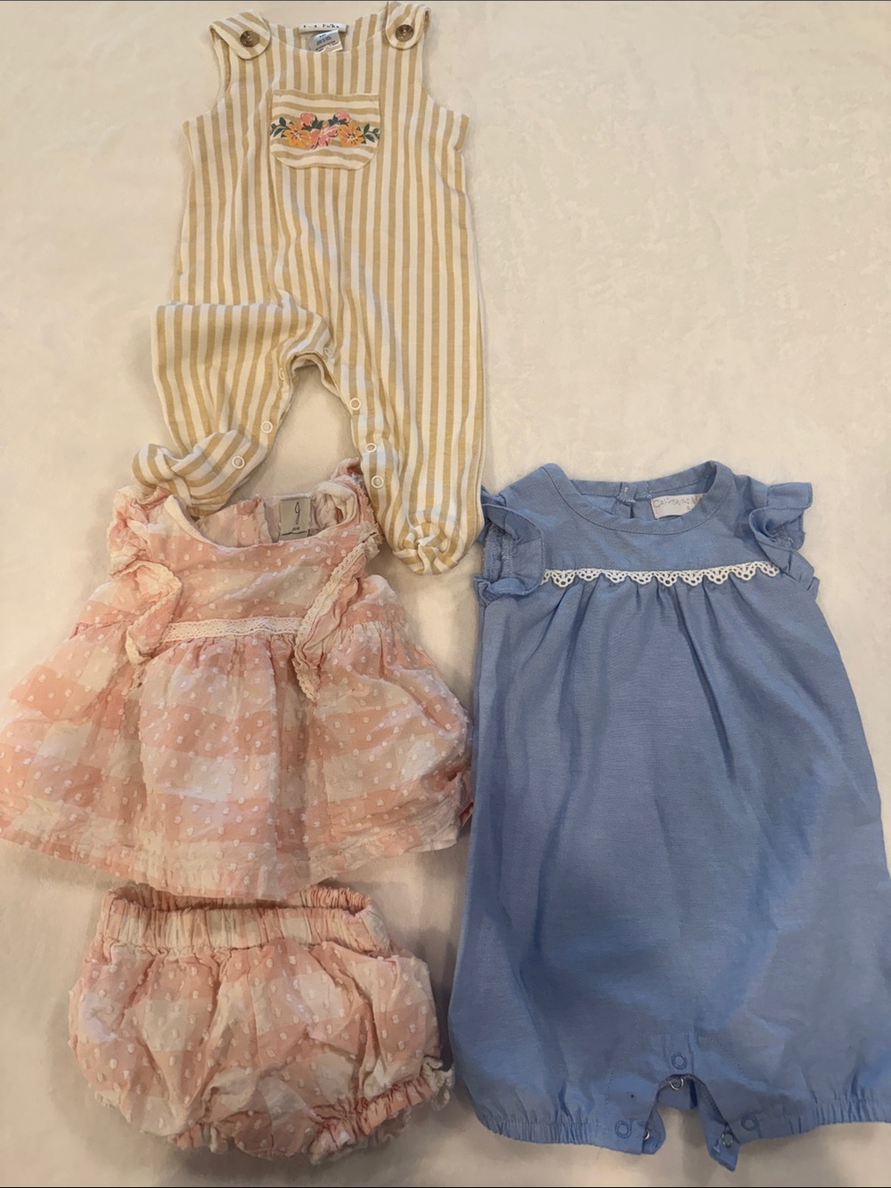 Set of 3 - Pink dress set, blue bubble with lace trim, striped onesie